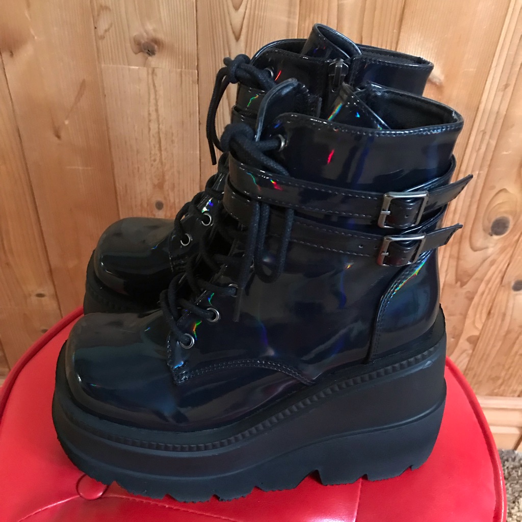 Demonia Shaker 52 Black Hologram Platform Boots 6 Brand New